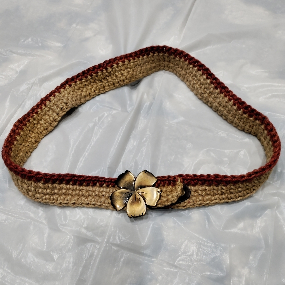 Hand knit women's belt burgundy brown with bronze flower buckle
